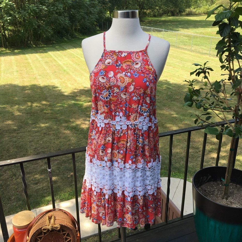 Skies Are Blue Tangerine Floral Crochet Lace Mini Dress NWT XS